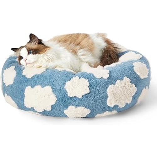Lesure Cat Beds for Indoor Cats - Round Cat Bed Donut Small Dog Bed Calming Pet Beds, Cute Modern Beds with Jacquard Shaggy Plush & Anti Slip Bottom, 20 Inch, Blue