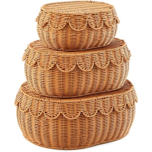 Juexica 3 Pcs Scalloped Rattan Baskets, Woven Rattan Wicker Storage Baskets with Lid for Nursery Storage Diaper Organizer Bathroom Decor (Dark Brown,Small,Medium,Large)