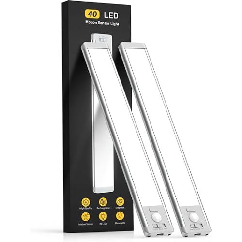 10inch Under Cabinet Lighting, 2 Pack Rechargeable Motion Sensor Light Indoor, 5 Levels Dimmable Magnetic Closet Lights, Wireless Under Counter Lights for Kitchen, Stairs