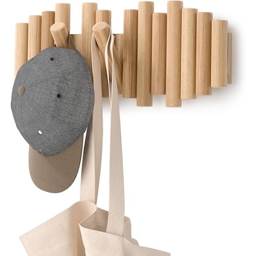 Umbra Picket 5 Hooks, Wall-Mounted Rail, Doubles as Art, Beveled Pine Wood Dowels, Natural Finish