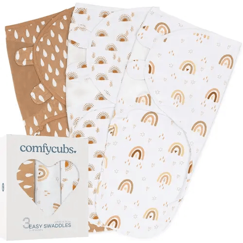 Comfy Cubs Easy Swaddle Blanket, 3 Pack - 100% Cotton Newborn Wrap, Large for 3-6 Months Infants, with Adjustable Velcro, Breathable and Durable Sleep Sack for Babies - Rainbow Bohemian