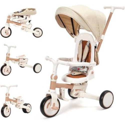 7-in-1 Foldable Baby Tricycle with Adjustable Parent Handle,Toddler Trike with Safety Harness,Beige