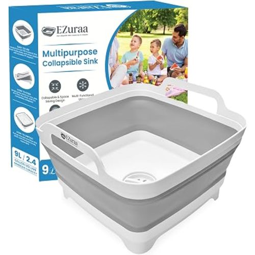 EZuraa 2.4 gal(9L) Gray Collapsible Dish Basin, Portable Sink or Dish Pan for Kitchen Sink with Drain Plug/Strainer, Space Saving Baby Bottle Wash Basin Collapsible Bucket, Beverage Tub for Camping