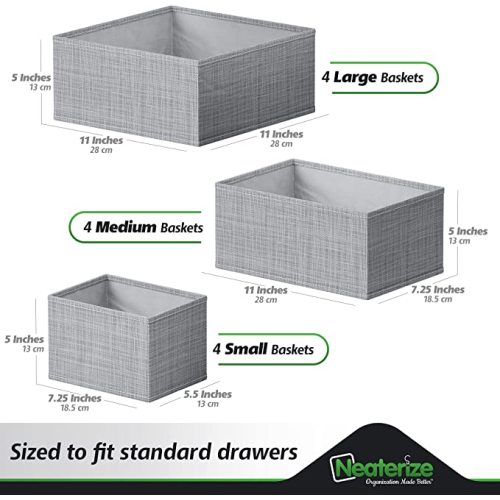 Drawer Organizer Clothes Set of 12 Grey - Dresser Organizer For Nursery, Bedroom, Closet - The Perfect Baby Clothes Organizer and Storage & General Nursery Organization or Dresser Drawer Organizers - 12 Baskets