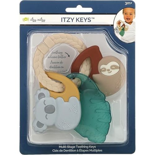 Itzy Ritzy Teething Keys Baby Teether Toy - Features a Braided Texture Ring & Keys, Includes a Water-Filled Leaf-Shaped Teether & Silicone Sloth & Koala Teething Toys, Ideal for Ages 3 Months & Up