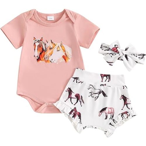 Western Infant Baby Girl Outfit Short Sleeve Rooster/Horse Print Romper Shorts Headband Set Summer Country Clothes