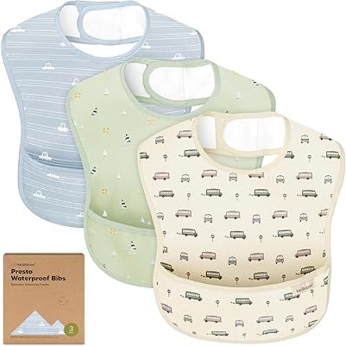 3-Pack Waterproof Baby Bibs for Eating - Lightweight Toddler Feeding Bibs with Large Food Catcher, Mess Proof, Food-Grade Baby Eating Essentials, Easy to Put On & Clean (Vessels)