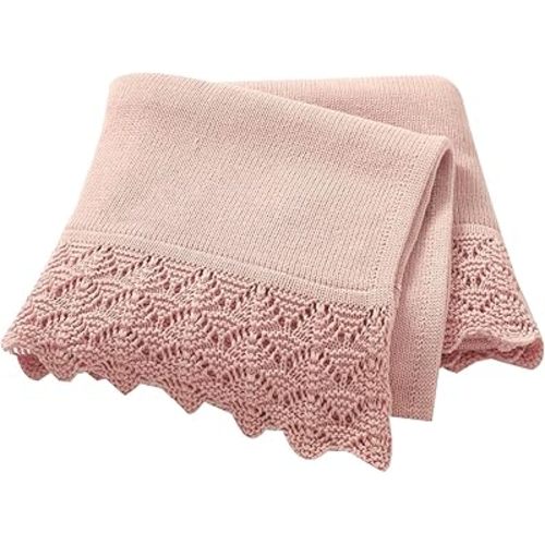 Hadetoto Baby Blanket Soft Cozy Cotton Cable Knit Crochet Receiving Crib Nursery Swaddling Blankets for Newborn Boys Girls (Baby Pink)