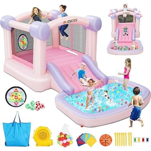 AKEYDIY Pastel Dream Bounce House for Kids 3-10, 161x82x63 inch Water Bounce House w/Slide,Ball Pit/Pool, Pink Bounce House UL Blower &50 Plastic Balls, Water Slide Bounce House Outdoor Backyard