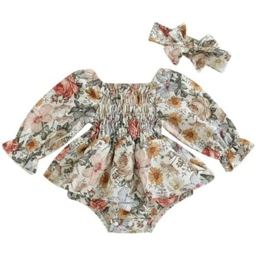KMBANGI Infant Baby Girl Romper Off Shoulder Long Sleeve Ruffle Floral Jumpsuit Headband Onesie Boho Fall Winter 2PCS Outfits