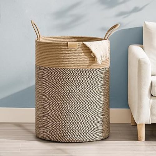 95L Laundry Hamper Basket,Baby Nursery Woven Storage Basket for Toys Bin,Pillows,Blankets,Clothes,Dark&Brown