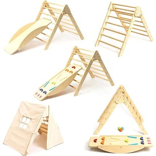 Pikler Triangle Climber with Ramp - Toddler Climbing Toys Indoor Montessori Climbing Toy Set Pickle Triangle Montessori, Baby Climbing Toys Indoor, Pickler Set Wooden Play Gym, Kids Climbers