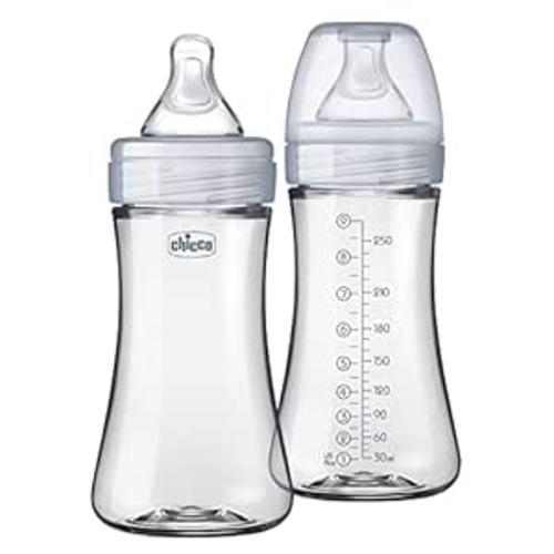Chicco Duo 9oz Hybrid Baby Bottle, Real Glass Inside, Lightweight Plastic Outside, Patented Invinci-Glass Technology, Intui-Latch Nipple, 2-Pack, Clear/Grey
