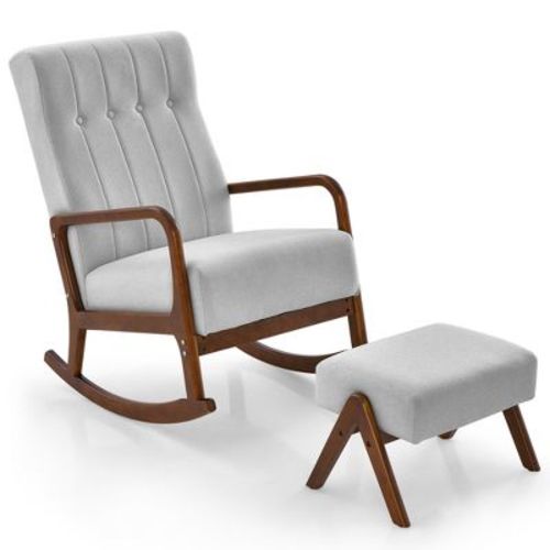 Costway Rocking Chair with Ottoman Upholstered Fabric Glider Rocker Solid Wood Beige