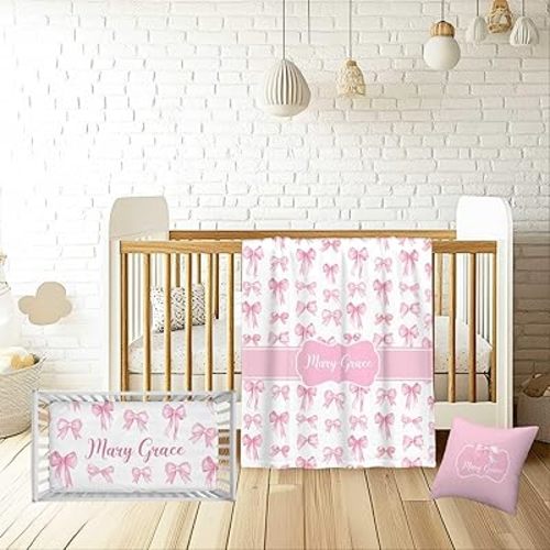 Custom Baby Crib Bedding Sets, 3 Piece Pink Bow Personalized Name Baby Bedding Set, Soft Blanket, Fitted Sheet, Pillowcase for Infant Newborn Nursery Bedding Gift for Girls