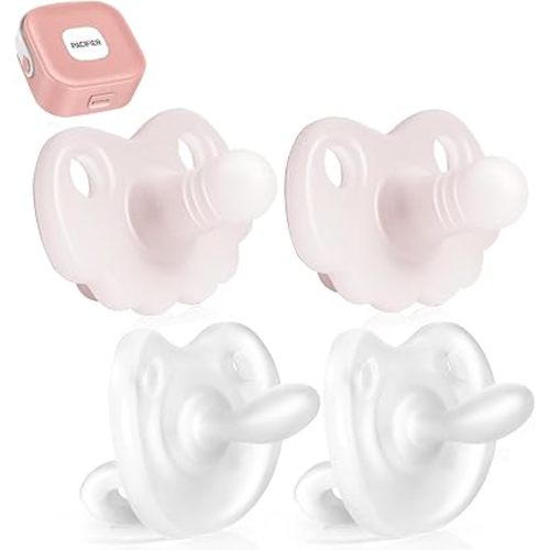 4 Count Silicone One Piece Baby Pacifier ,Orthodontic Nipple Supports Newborn Pacifiers for Babies 0+ Months,2 Night use & 2daytime use (Yellow & White)