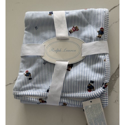 Ralph Lauren Blue White Stripe Polo Bears Baby Blanket Cotton Knit Reversible EB