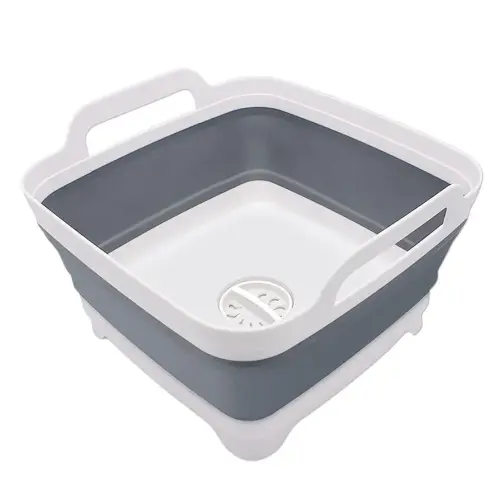 2.4 Gal(9L) Collapsible Dish Basin with Drain Plug, Space Saving Outdoor Multiuse Foldable Sink Tub, Dishpan, Kitchen Storage Tray for Camping, Vegetable Washing, RV (Gray)