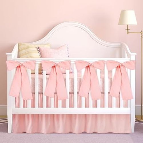 Pink Crib Bed Skirts with 4 Large Cot Bow Baby Crib Skirt for Boys Girls Nursery Toddler Bedskirt Dust Ruffle 14" Drop