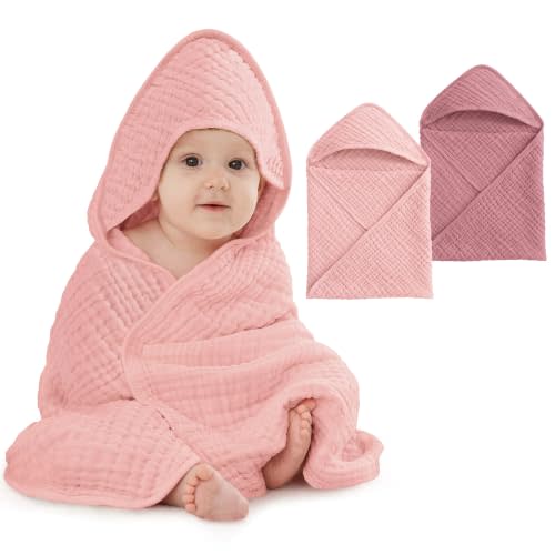 Unnivoll Hooded Baby Towels for Newborn - 2 Pack, 100% Muslin Cotton, Baby Bath Towels with Hood, Soft and Absorbent for Girls Infant, Toddler and Kids, Large 32x32 Inches, Newborn Essential