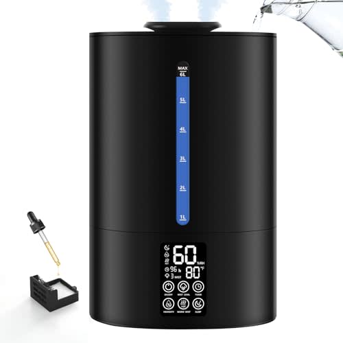 6L Humidifiers for Bedroom Large Room Home, Cool and Warm Humidifier for Plants Mist Top Fill Desk Humidifier Essential Oil Diffuser, Quiet Humidifiers with Adjustable Mist,360°Nozzle-Midnight Black