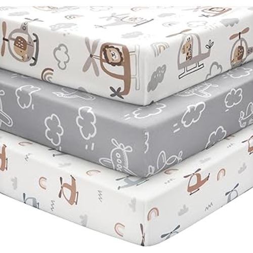 Baby Crib Sheets for Boys and Girls, 3 Pack Toddler Bed Sheets for 52”x28” Standard Toddler Mattresses, Soft Microfiber Fitted Crib Sheets Neutral Grey Helicopter