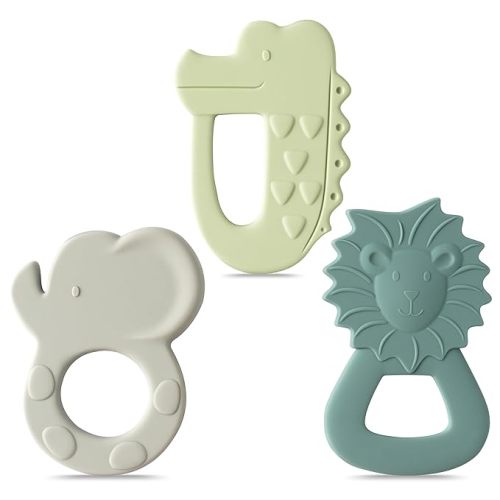 3Pcs Silicone Teething Toys for Babies Elephant Lion BPA Free Soft Teether Infant Sore Gums Pain Food Grade Silicone Teething Relief Chew Toy for Toddler Baby Shower Newborn 6-12 Months Birthday