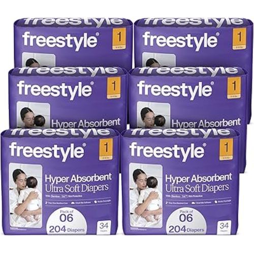 Freestyle BambooTek Diapers - (Size 1) Hyper Absorbent & Non-Toxic – Disposable Diapers for Sensitive Skin – Ultra Soft Diapers (8-14 lbs) – 204 Count