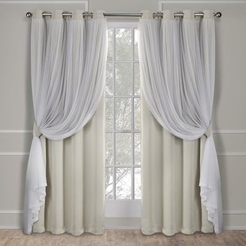 TOWN & COUNTRY LUXE Exclusive Home Catarina Layered Solid Room Darkening Blackout and Sheer Grommet Top Curtain Panel Pair, 52x108, Sand 2 Count