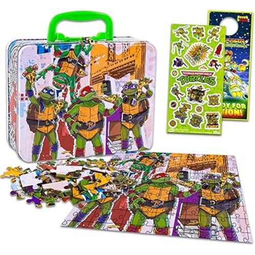 Teenage Mutant Ninja Turtles Tin Lunch Box Puzzle Bundle - TMNT Lunchbox Puzzle 48 Piece For Kids Plus Stickers, More | TMNT School Supplies