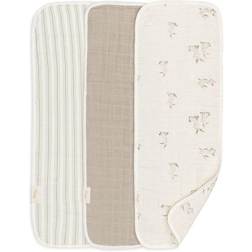 Crane Baby 100% Organic Cotton 3-pc. Burp Cloth Set - GOTS Certified Cotton, Absorbent & Lightweight with Bunny & Stripe Designs, Machine Washable, Muslin Burp Cloth