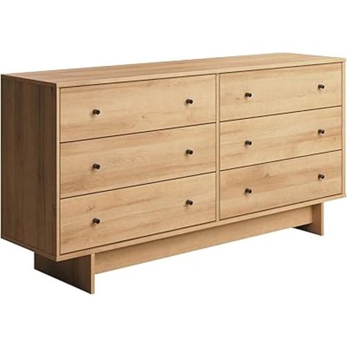 Prepac Finnley 6-Drawer Dresser in Natural Oak, Dresser for Bedroom, Extra-Wide Chest of Drawers with Storage, Modern Clothing Organizer for Home, Bedroom, Living Room, 16" D x 61" W x 31" H
