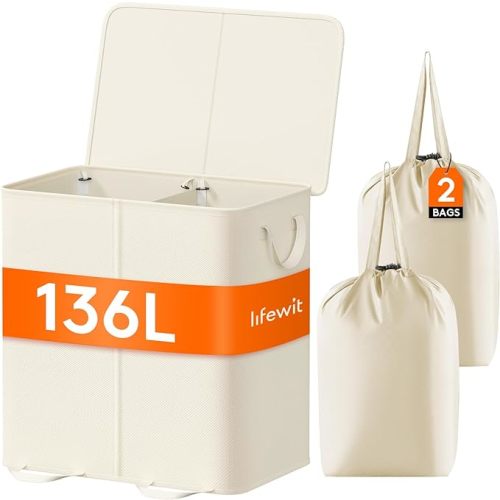 Lifewit Double Laundry Hamper with Lid and Removable Laundry Bags, Large Collapsible 2 Dividers Dirty Clothes Basket with Handles for Bedroom, Laundry Room, Closet, Bathroom, College, Ivory White