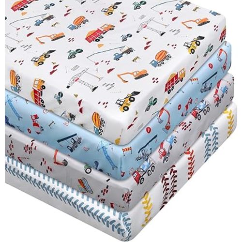 4 Pcs Construction Truck Crib Sheet Set Baby Sheet Newborn Bedding Nursery Crib Sheets for Girl Boys Baby Gifts for Standard Crib and Toddler Mattresses, 52 x 28 x 8 Inches