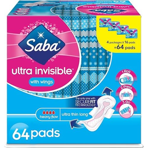 Saba Ultra Invisible Thin Long Pads With Wings | Discreet & Breathable Heavy Flow for Women | Perfect Fit for All Body Types & Underwear Styles | 64 Count (4 Packages, 16 Each)