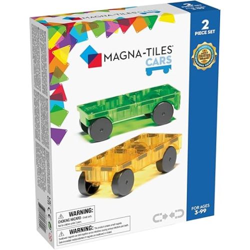 MAGNA-TILES Cars – Green & Yellow 2-Piece Magnetic Construction Set, The ORIGINAL Magnetic Building Brand