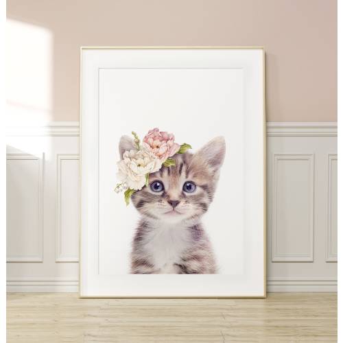 Kitten Wall Art ~ Baby Cat Print ~ Girls Bedroom Decor ~ Baby Animal with Floral Crown ~ Printable Digital Download