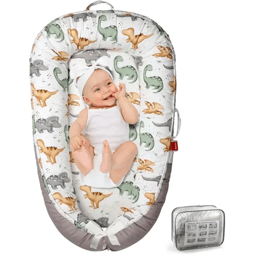 Baby Lounger - Baby Lounger for Newborn 0-24 Months, Breathable & Soft Baby Nest, Portable and Lightweight Lounger for Home and Travel, Ideal Newborn Babies Essentials (Grey Lion Dinosaur)