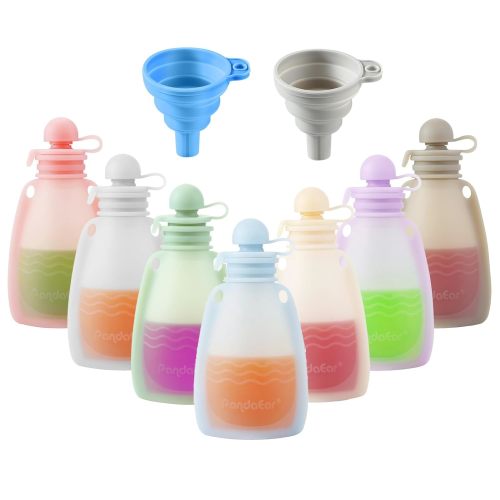 PandaEar Reusable Silicone Baby Food Pouches, 7 Pack Squeeze Pouches for Toddler Kids, BPA-Free Silicone Refillable Baby Food Storage, 5.5 oz