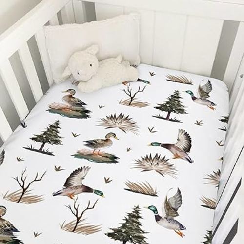 Mallard Duck Baby Crib Fitted Sheet 52''x28'' Duck Hunting Stretchy Fitted Crib Mattress Sheet for Boy Girl Wild Duck Soft Nursery Bed Sheet for Standard Crib and Toddler Mattress