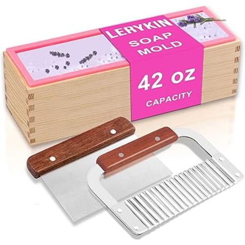 Rectangular Soap Mold Kit with Cutter- 42oz Flexible Silicone Loaf Soap Mold with Wood Box, Stainless Steel Wavy & Straight Scraper for Homemade Craft Soap Making Supplies