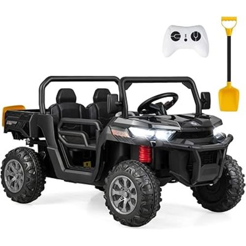 OLAKIDS 2 Seater Ride On Car, 12V Off-Road UTV Electric Vehicle with Remote Control, Dump Bed, Extra Shovel, Music, USB, AUX, Rocking Function, Kids Toddlers Battery Powered Truck (Dark Black)