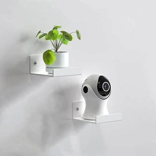 Acrylic Floating Wall Shelves for Security Cameras, Baby Monitors, Speakers, White Small Wall Shelf with Adhesive Tapes, Easy to Install & No Drill, Set of 2