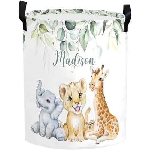 Personalized Laundry Basket Hamper,Safari Jungle Animal Greenery,Collapsible Storage Baskets with Handles for Kids Room,Clothes, Nursery Decor
