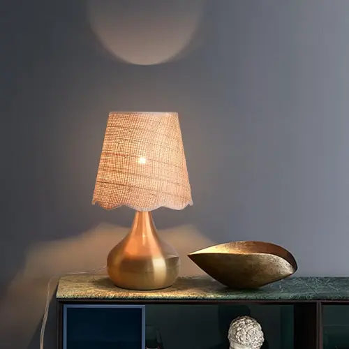 Gold Small Bedside Table Lamp for Bedroom, Brass Gold Mini Table Lamps for Nightstand, Small Scalloped Rattan Shade Table Lamps for Small Spaces for Bedroom, Kitchen, Living Room, Kids Dorm