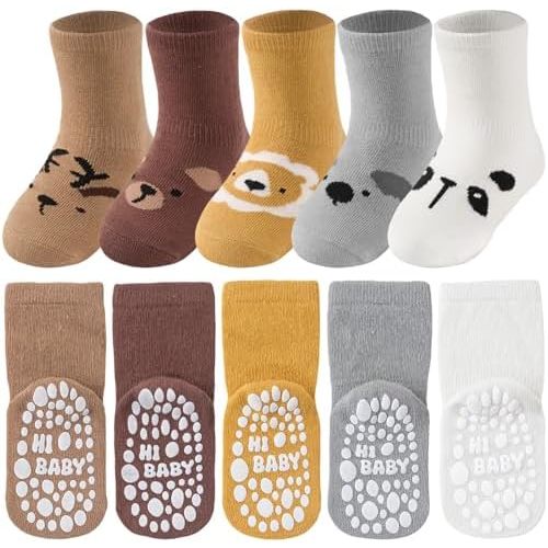 Toddler Socks with Grips, 5 Pairs Baby Grip Socks for Girls Boys, Cotton Blend Crew Socks for Crawling & Walking