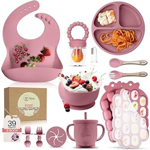 O'doe Baby Weaning Set – 15 Pcs Silicone Baby Feeding Set with Suction Plate, Bowl, Bib, Sippy Cup, Fruit Feeder, Freezer Tray