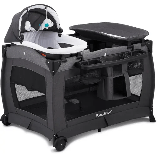 Pamo Babe Deluxe Nursery Center, Foldable Playard for Baby & Toddler, Bassinet, Mattress, Changing Table for Newborn(Black)