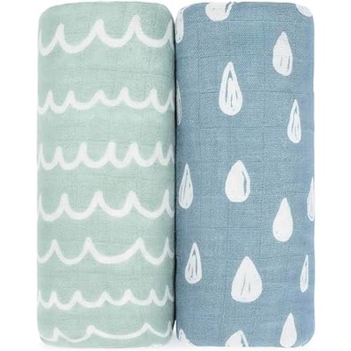 Comfy Cubs 2 Pack Muslin Swaddle Blankets Neutral Receiving Blanket Swaddling, Wrap for Boys and Girls, Baby Essentials, Registry & Gift (Rain and Doodle)