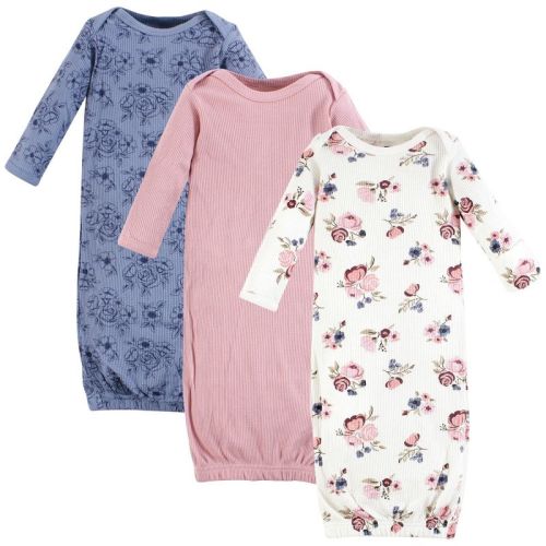 Hudson Baby Infant Girl Thermal Gown 3pk, Dusty Rose Floral, 0-6 Months
